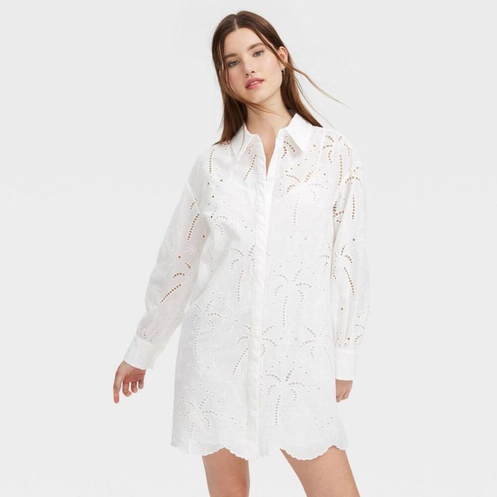 Women's Long Sleeve Eyelet Embroidered Collared Mini Shirtdress White - M